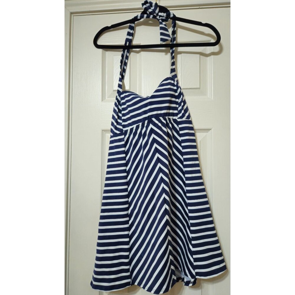 Lands End Womens Deep Sea Stripe Halter Swim Dress Size 8 Nylon Blend Blue & Whi